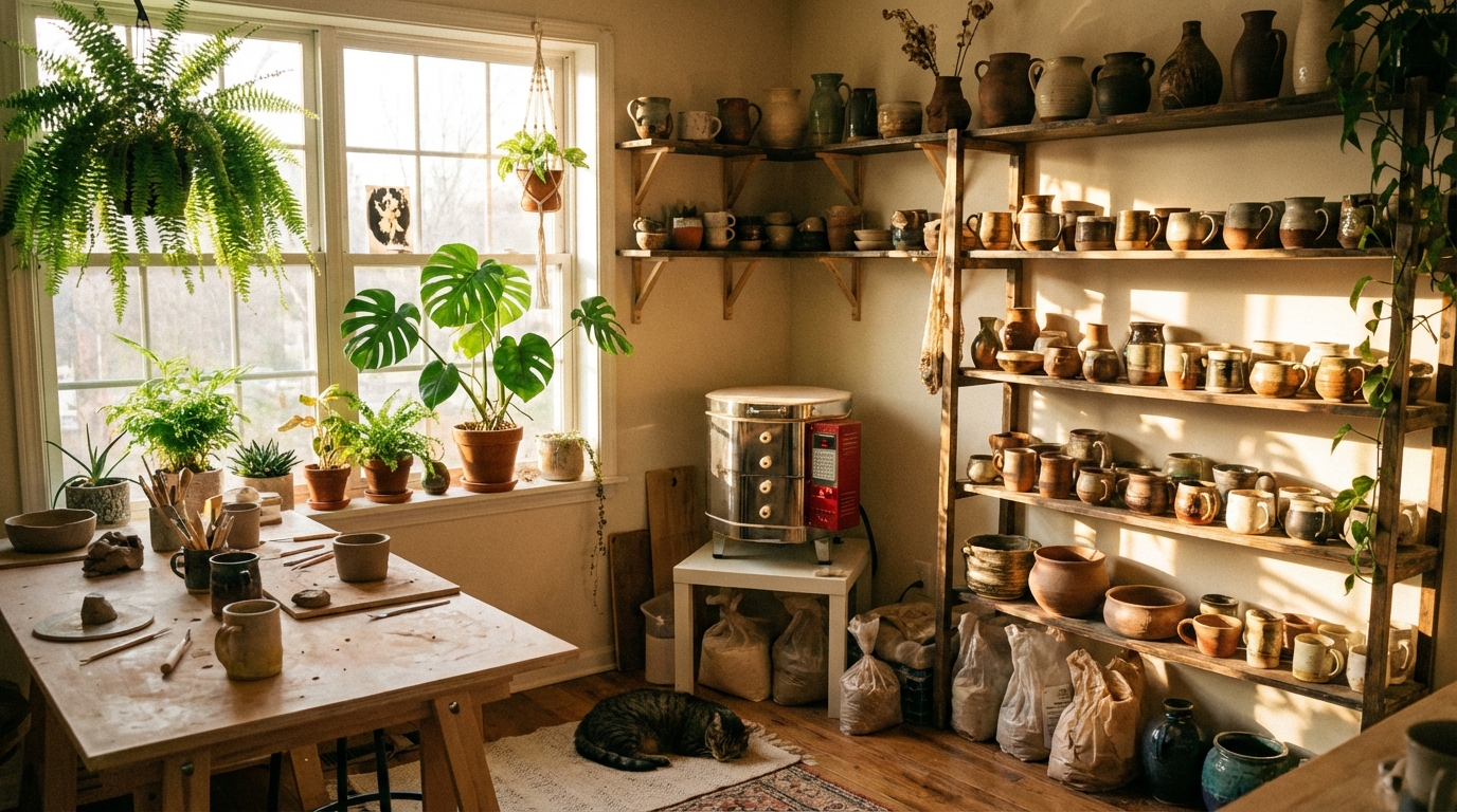 Mouse's home studio — plants, pots, clay, and a small kiln